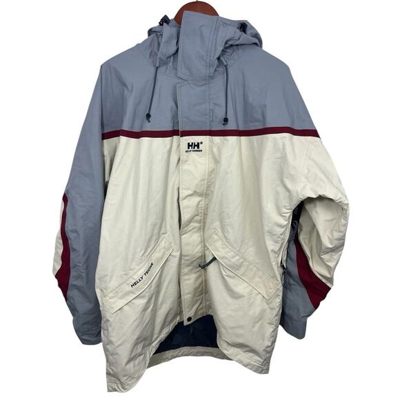 HELLY HANSEN JACKET COAT Large Tech Hooded Mesh Lining Sand Grey Red Waterproof - Picture 1 of 11